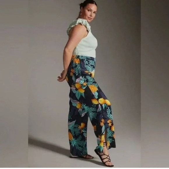 Anthropologie Maeve Escape Printed Pants Pineapple Lemon Tropical size 14 - Picture 1 of 5
